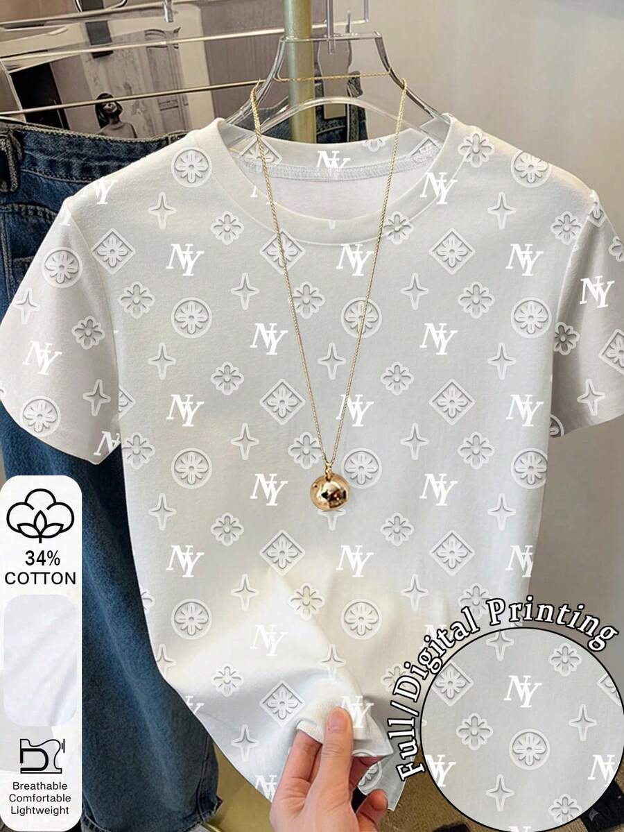 Women's Letter Print Round Neck Short Sleeve Casual Versatile T-Shirt - Multicolor - View 1