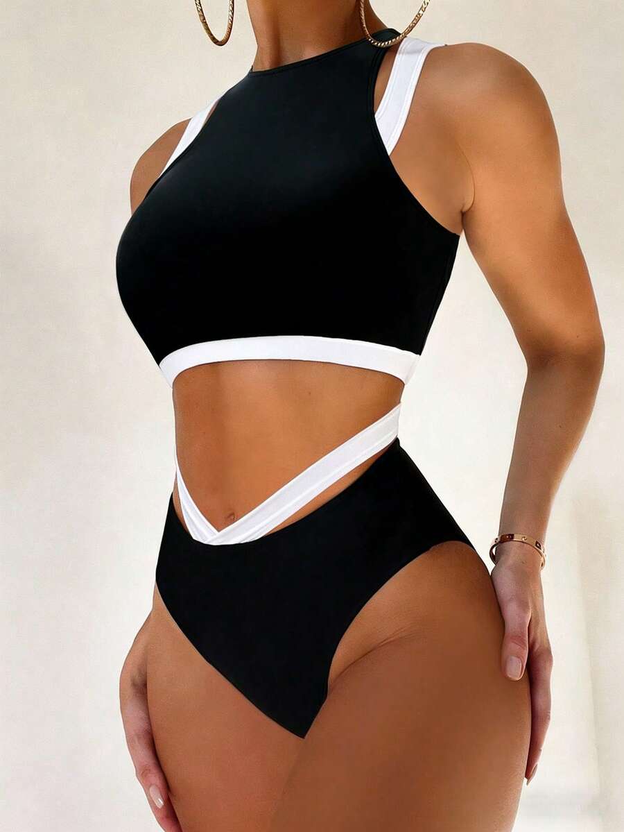 SHEIN Swim 女士撞色滚边时尚比基尼套装 - 黑與白 - 查看 1