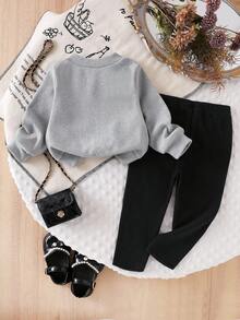 SHEIN 2 pièces Ensemble de veste longue à manches longues côtelée avec décor floral et pantalon de couleur unie pour tout-petites filles, tenue de détente casual pour le printemps et l'automne - Gris - Voir 2