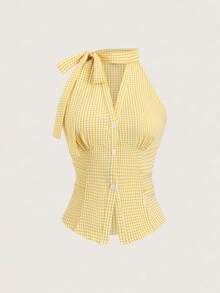 Chiquease 春夏休闲时尚系带无袖修身V领开襟竖排纽扣收腰褶裥女式衬衫 - 黃色 - 查看 3