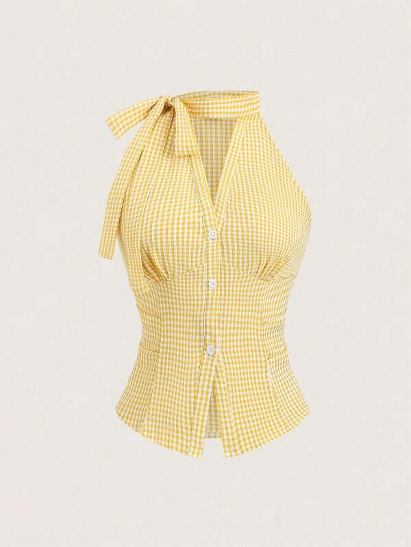 Chiquease Blusa de mujer con cuello con lazo, sin mangas, ajustada, con escote en V delantero, abertura con botones verticales, cintura ceñida y pliegues