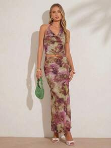 Amorya 两件套女士优雅印花不对称领上衣搭配弹力腰印花半身裙，适合度假、约会、外出、婚礼宾客等场合。 - 彩色 - 查看 5