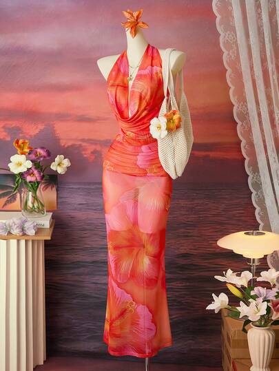 Femesol Women's Fashionable Elegant Sexy Halter Tie Waist Printed Sleeveless Fitted 2 Pieces Set Sexy Vacation Dress Beach Vacation Outfits Woman 2 Piece Vacation Skirt Set Sunset Theme Outfit Cruise Dinner Outfit For Women Beach Dinner Dress Tropical Formal Dress Women Elegant Outfits Nice Dresses For Ladies Events Where To Buy Evening Dresses Beautiful Dresses For Woman Womens Dress Formal Wear