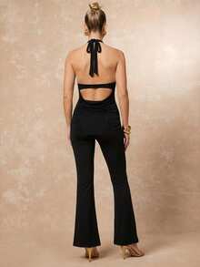 Lumalex 女士优雅休闲黑色金属装饰蝴蝶结衬衫 + 女士优雅休闲黑色金属装饰喇叭裤，春夏款 - 黑色 - 查看 10