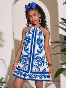 Đầm cổ yếm in hoa dành cho bé gái tuổi teen, kiểu dáng thường ngày, thích hợp cho kỳ nghỉ. - Màu xanh lam - Xem 3