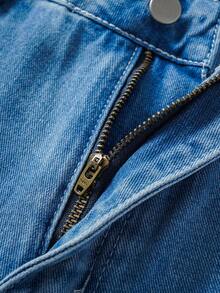 Manfinity Joysei 男士休闲时尚街头卡通字母印花宽松阔腿牛仔裤，不含腰带 - 淺色水洗藍 - 查看 3