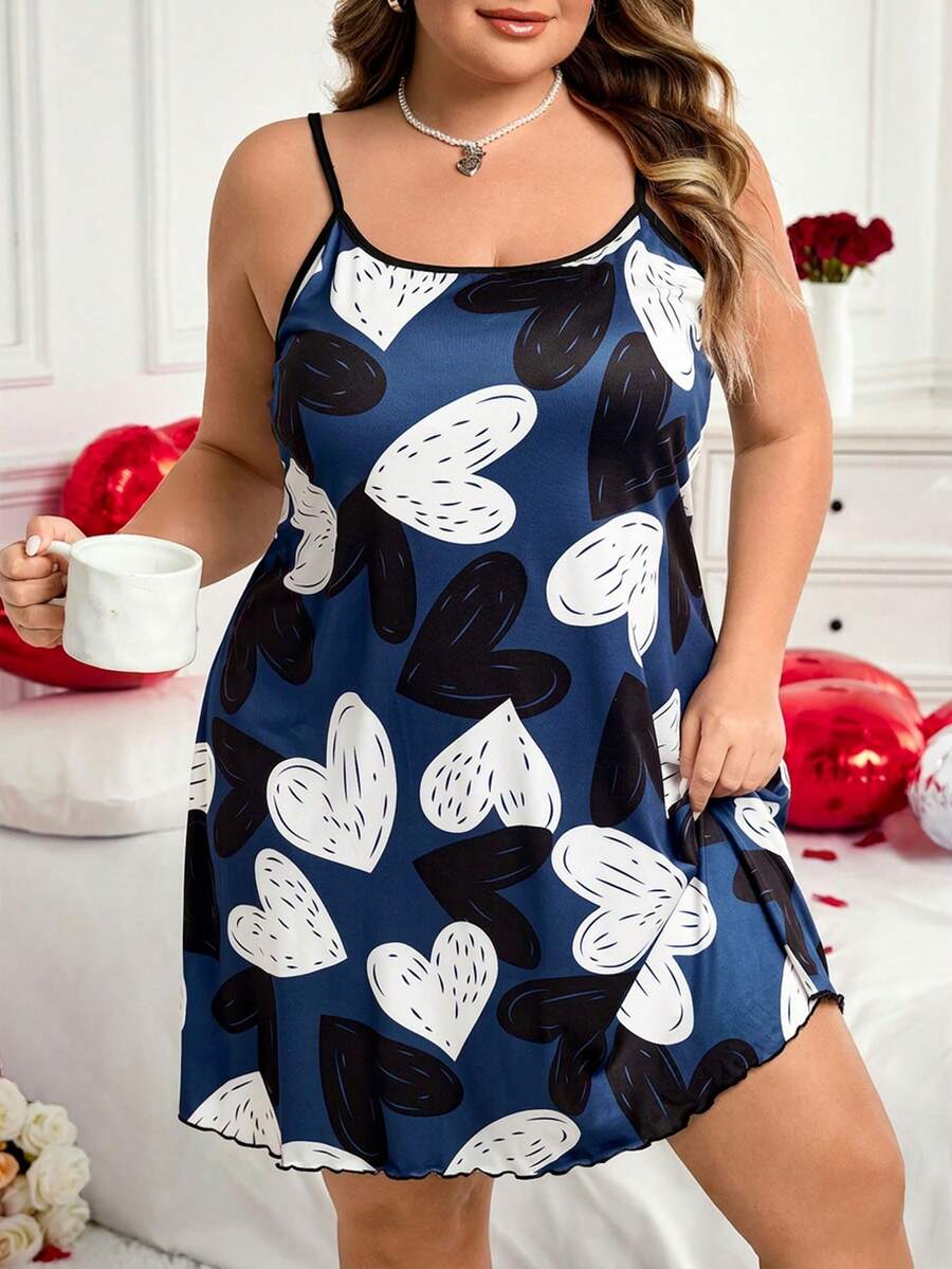 SHEIN CURVE+ CURVE PLUS /Valentine's Day/Plus Size Women Casual Letter Print Cami Dress, Suitable For Valentine's Day - Navy Blue - View 1