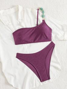 Swim Chiccia Damen Sommer Strand Musik Festival braun glänzender Stoff perlenbesetzter schulterfreier eleganter Bikini-Set - Violett - Übersicht 6