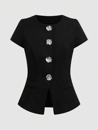 Sweetra Plus Size Women's Button Design Round Neck Short Sleeve Blouse