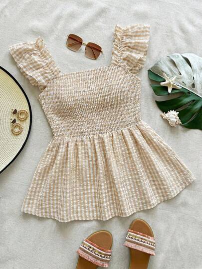 Freevana Camisa casual de verano con volantes y estampado de cuadros para tallas grandes