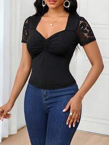 SHEIN Lady Women's Lace Ruffle Fitted Casual Daily Short Sleeve T-Shirt - Gold - View 6