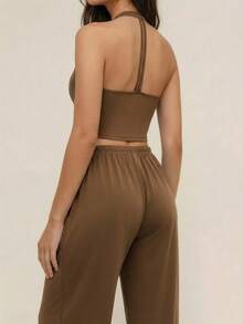 Anewsta 3 piezas Conjunto deportivo para mujer, nueva camiseta sin mangas de cuello halter + camiseta de manga larga + pantalones deportivos para fitness, running, yoga y ejercicio, traje de entrenamiento versátil para primavera, verano y otoño, color café - Café integral - Ver 2