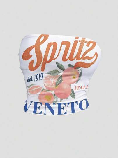 DrmWander Plus Size Women's Summer Italia Veneto Cocktail Lemon Orange Fruit Print Cropped Tube Top, Y2K Style Vacation & Beach