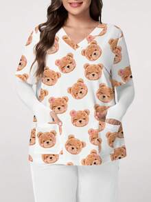 PopScrub Plus Size Women's V-Neck Short Sleeve Scrub Top With Pockets, Cartoon Bear Print, Slit Design, Suitable For Nurses, Staff, And Plush Doll Enthusiasts, Spring/Summer - Multicolor - View 1