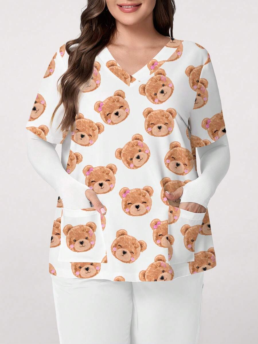 PopScrub Plus Size Women's V-Neck Short Sleeve Scrub Top With Pockets, Cartoon Bear Print, Slit Design, Suitable For Nurses, Staff, And Plush Doll Enthusiasts, Spring/Summer - Multicolor - View 1