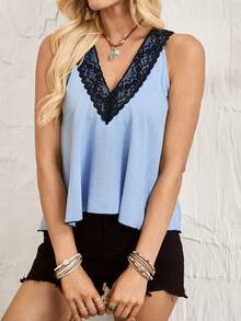 Breezaya Women's Blue Summer Boho Vacation Holiday Top, Lace Patchwork Vest, Beach, Country Music Festival Style Casual Sleeveless - Blue - View 7