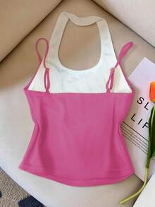 SHEIN Women's Summer Fashion Contrast Color 2 In 1 Fitted Ribbed Tank Top - Red Violet - View 2