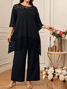 EMERY ROSE 大码女式蕾丝拼接宽松套装。优雅休闲，通勤，春夏皆宜。 - 黑色 - 查看 7