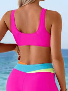 SHEIN Swim 女士泳装上衣，欧美夏季泳装，度假比基尼，多色拼接 - 彩色 - 查看 2