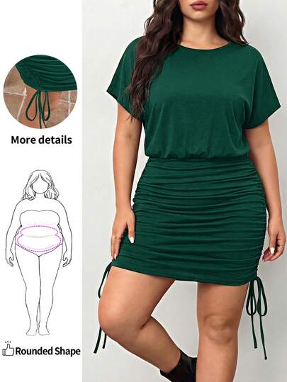 Enliva Plus Size Solid Drawstring Side Batwing Sleeve Ruched Dress
