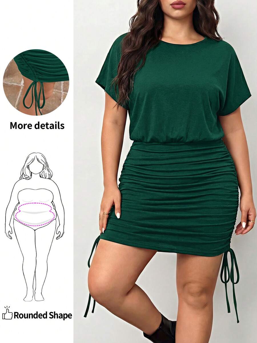 Enliva Vestido con mangas de murciélago con cordón lateral y pliegues para tallas grandes, para silueta de manzana y redondeada - Verde Oscuro - Ver 1