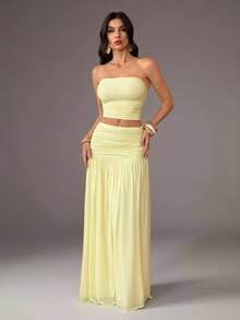 SHEIN Tall 两件套女士浪漫粉色网纱抹胸上衣和高腰褶皱网纱长裙，春夏度假装 - 黃色 - 查看 4