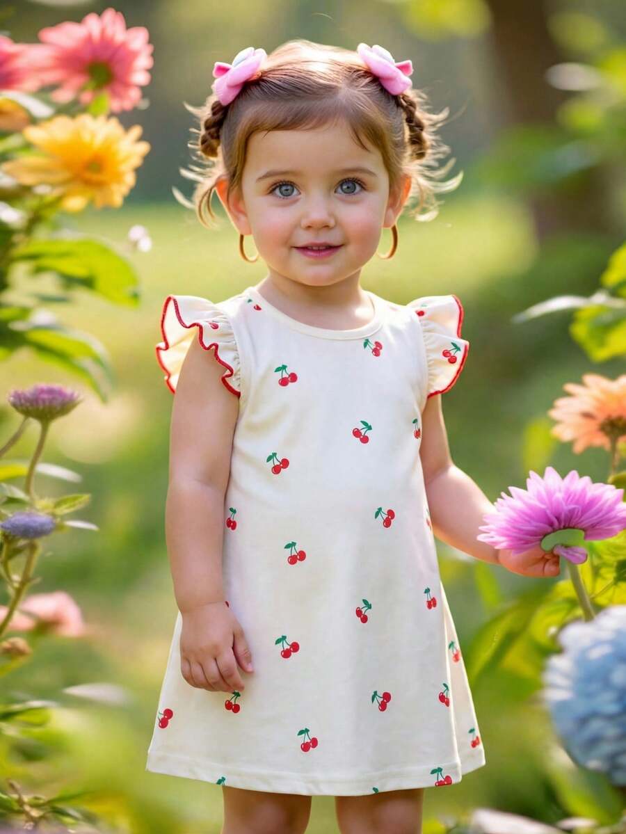 SHEIN Baby Girls' Lightweight Cherry Print Sleeveless Dress, Cute Princess Style Infant Toddler Clothing, Summer - Multicolor - View 1
