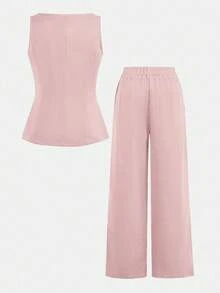 SHEIN Serisse Kids 少女通勤休闲纯色无袖背心上衣和直筒裤套装 - 淺粉色 - 查看 8