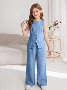 SHEIN Serisse Kids 少女通勤休闲纯色无袖背心上衣和直筒裤套装 - 藍色 - 查看 6