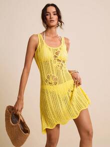 LOTSLUV Women's Yellow Round Neck Sleeveless Crochet Slip Dress, Spring/Summer - Yellow - View 5
