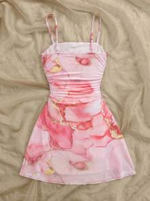 SHEIN 少女休闲粉色碎花网纱度假/假日/复古/沙滩/海边/优雅连衣裙，可爱 - 粉色 - 查看 2