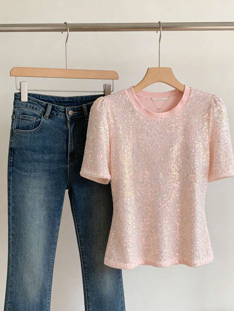Women's Elegant Sequin Colorblock Round Neck T-Shirt, Summer