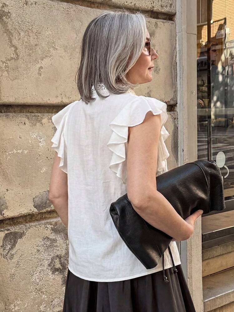 Women's Elegant Solid Color Lace Patchwork Ruffle Hem Blouse, Summer,Wedding Guest Dress Women