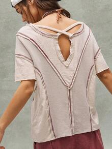 Bohemela Áo thun nữ tay ngắn dệt kim màu trơn, kiểu dáng thường ngày - Màu be - Xem 4