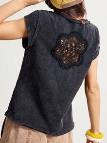 Bohemela 女士休闲纯色V领短袖水洗T恤 - 黑色 - 查看 7