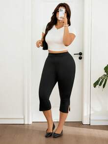 Lounesse 大码女式黑色五分钟速成紧身裤，时尚侧袋，适合日常通勤，舒适的大码黑色紧身裤 - 黑色 - 查看 4