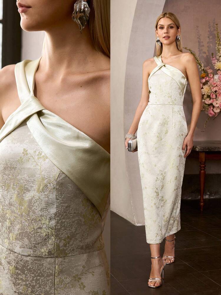 MOTF Soiréza WOMEN'S JACQUARD SATIN LONG FITTED ELEGANT DRESS, SUITABLE FOR FORMAL OCCASIONS