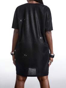 LYSMO Plus Size Casual Shiny Sequin Dolman Sleeve T-Shirt Dress, Suitable For Party, Christmas And Holiday Wear, Spring/Summer Glitter Dress Plus Size Plus Size Tshirt Dress - Black - View 2