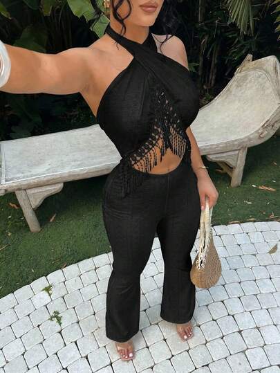 SHEIN SXY Plus Size Solid Color Tassel Decor Hollow Out Backless Sleeveless Jumpsuit