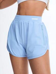 SHEIN Sovereign Charm Sky Blue High-Waist Double-Layer Running Shorts,Built-In Compression Inner Shorts With Secure Zip Side Pocket,Quick-Dry Four-Way Stretch Gym & Tennis - Blue - View 4