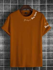 Manfinity Roughcore Men's Letter Print Casual Round Neck Short Sleeve T-Shirt, Summer - Brown - View 3
