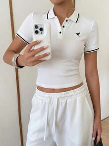 Mulvari Áo thun nữ tay ngắn cài nút, họa tiết sọc tương phản. - trắng - Xem 2