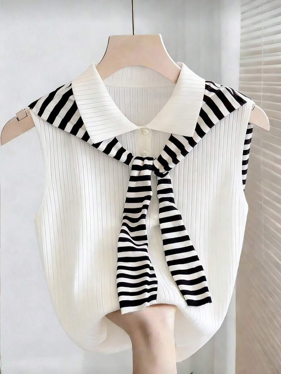 Franclia Camiseta de tirantes acanalada con cuello de chal, ajustada y con media cartera, para mujer, para primavera/verano - Blanco - Ver 1
