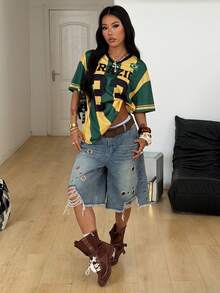 Coolane 女士夏季节日复古街头运动服号码印花超大棒球衫T恤 - 綠色 - 查看 7