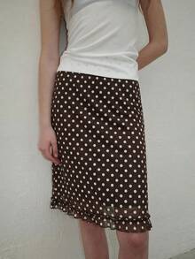 Muvela New Spring/Summer Coffee Brown Polka Dot Textured Lace Fabric Elastic Waist Adjustable Hem Ruffle Trim Design Women's Skirt, Versatile For Summer Outfits - Brown - View 3