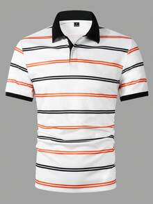 Manfinity Mode Camisa polo de hombre con estampado de rayas y cuello, adecuada para el hogar, salidas y uso en la oficina - Naranja - Ver 7