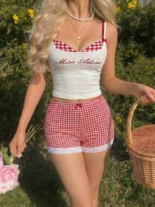 SHEIN MOD Red And White Checkered Print Bow And Lace Trim Shorts – Date, Party, Women's Summer And Spring Wear, Spring Break, Vacation, Picnic, Festival, Birthday - Red and White - View 1