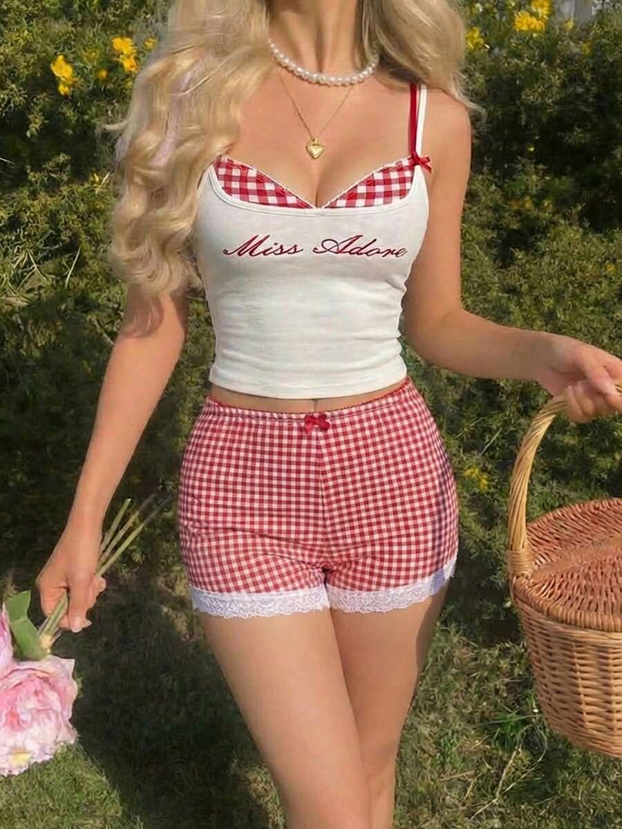 SHEIN MOD Red And White Checkered Print Bow And Lace Trim Shorts – Date, Party, Women's Summer And Spring Wear, Spring Break, Vacation, Picnic, Festival, Birthday - Red and White - View 1