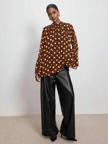 ATUI Studio Women's Brown Polka Dot Long Sleeve Blouse With Wide Ruffled Sleeves & Lace - Elegant Vintage Embroidered Top For Autumn Winter - Brown - View 2