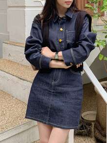 DAZY Solid Button Front Denim Dress - Dark Wash - View 3